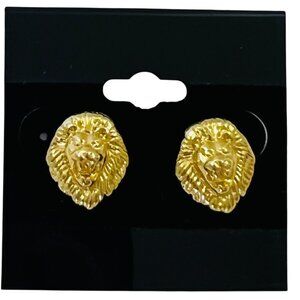 VTG Signed KJL Kenneth Jay Lane Gold Plated LION HEAD Stud Earrings Pierced